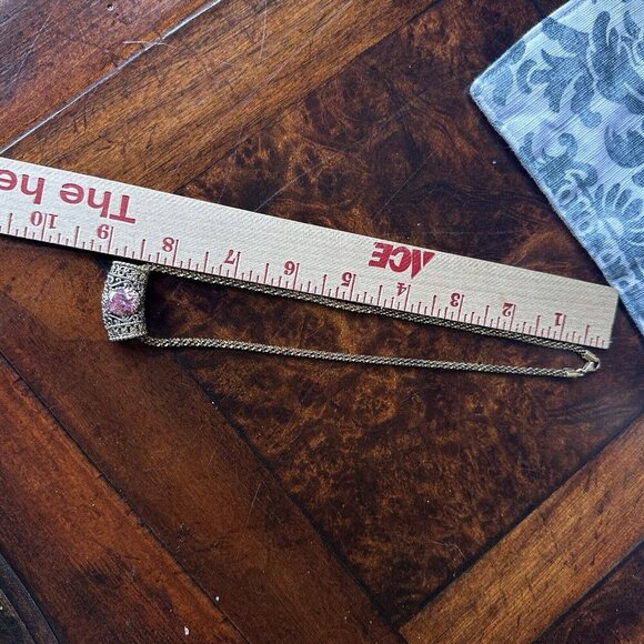 Necklace w Slide Pendant 17" Oval Pink Gem Ornate 925 Sterling Gold Plated 22.3g - Picture 12 of 12